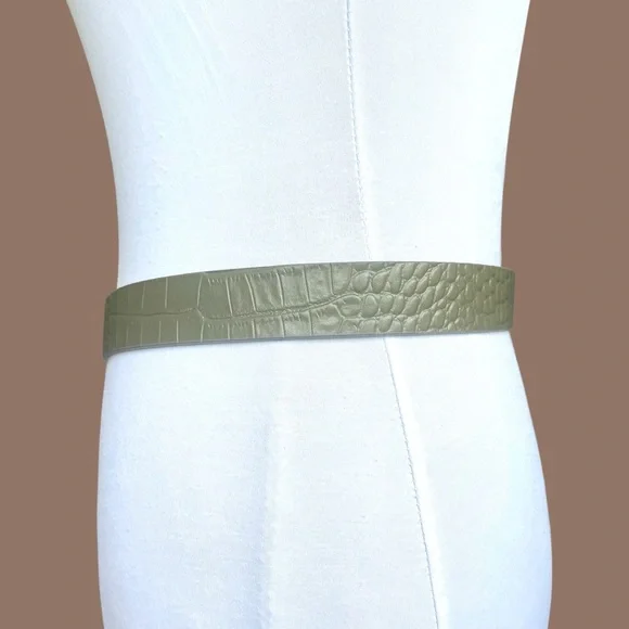 FRAME Square Buckle Olive Green Croc Embossed Skinny Leather Belt Size M - Picture 3 of 13